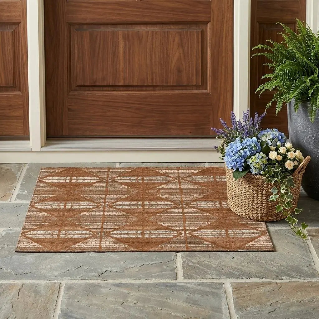 3' X 5' Orange And Beige Geometric Washable Indoor Outdoor Area Rug Homeroots Outdoor