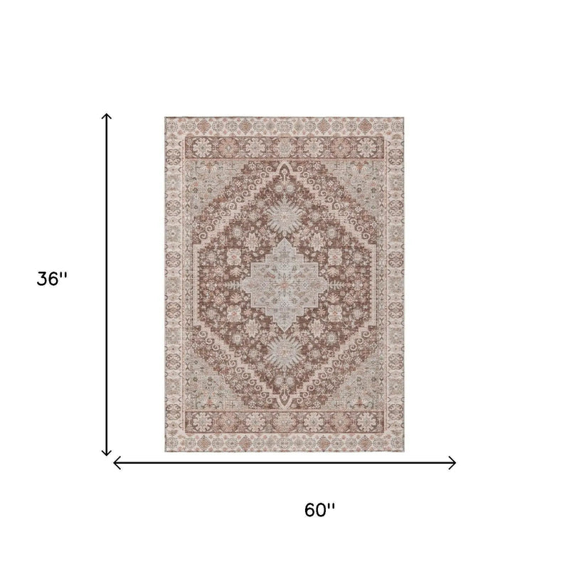 3' X 5' Orange And Beige Oriental Washable Indoor Outdoor Area Rug Homeroots Outdoor
