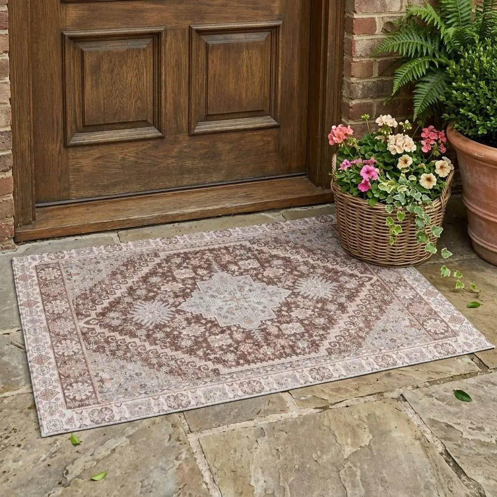 3' X 5' Orange And Beige Oriental Washable Indoor Outdoor Area Rug Homeroots Outdoor