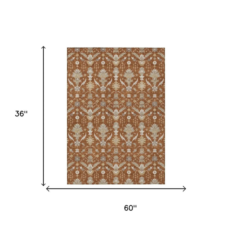 3' X 5' Orange And Beige Oriental Washable Indoor Outdoor Area Rug Homeroots Outdoor