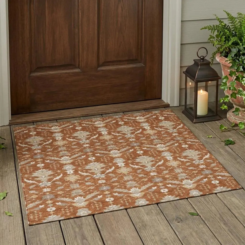3' X 5' Orange And Beige Oriental Washable Indoor Outdoor Area Rug Homeroots Outdoor