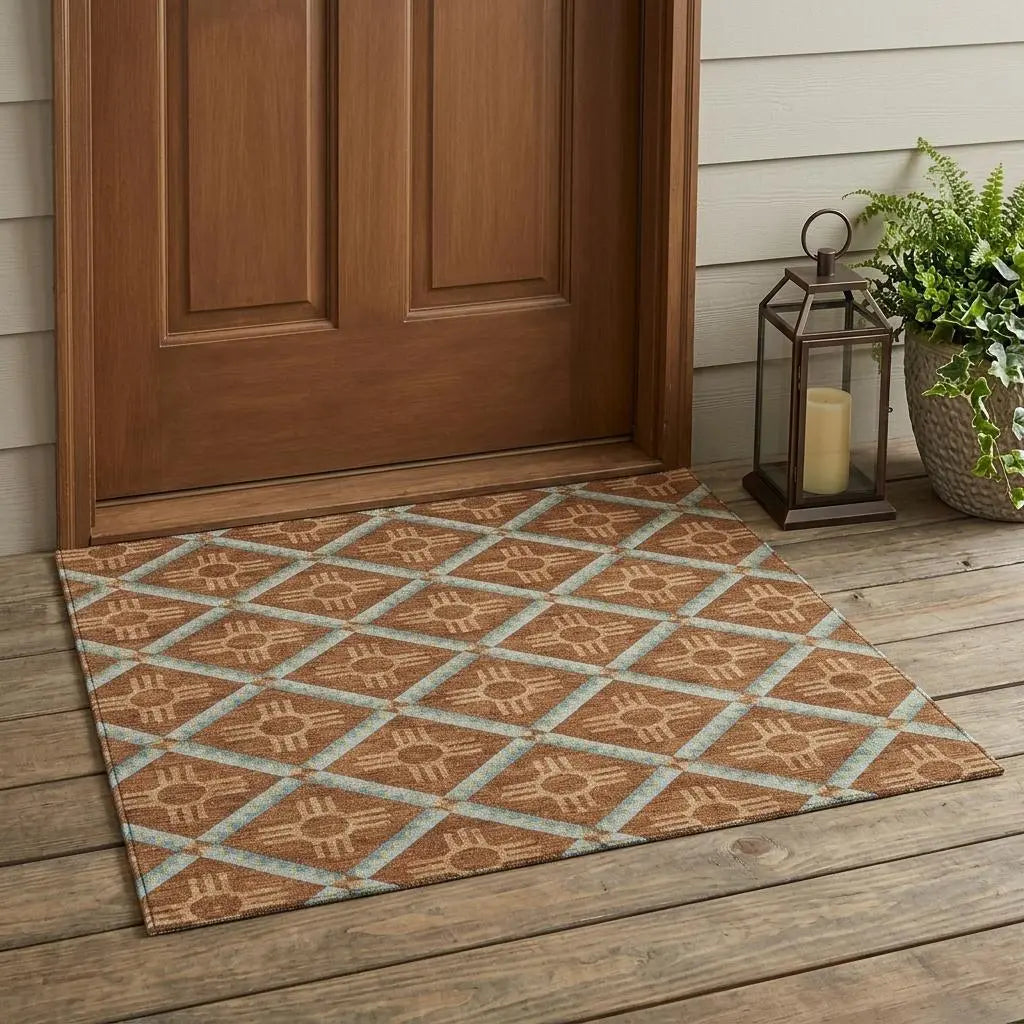 3' X 5' Orange And Blue Geometric Washable Indoor Outdoor Area Rug Homeroots Outdoor
