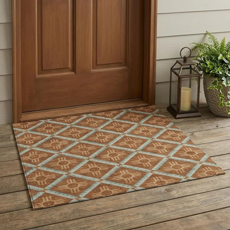 3' X 5' Orange And Blue Geometric Washable Indoor Outdoor Area Rug Homeroots Outdoor