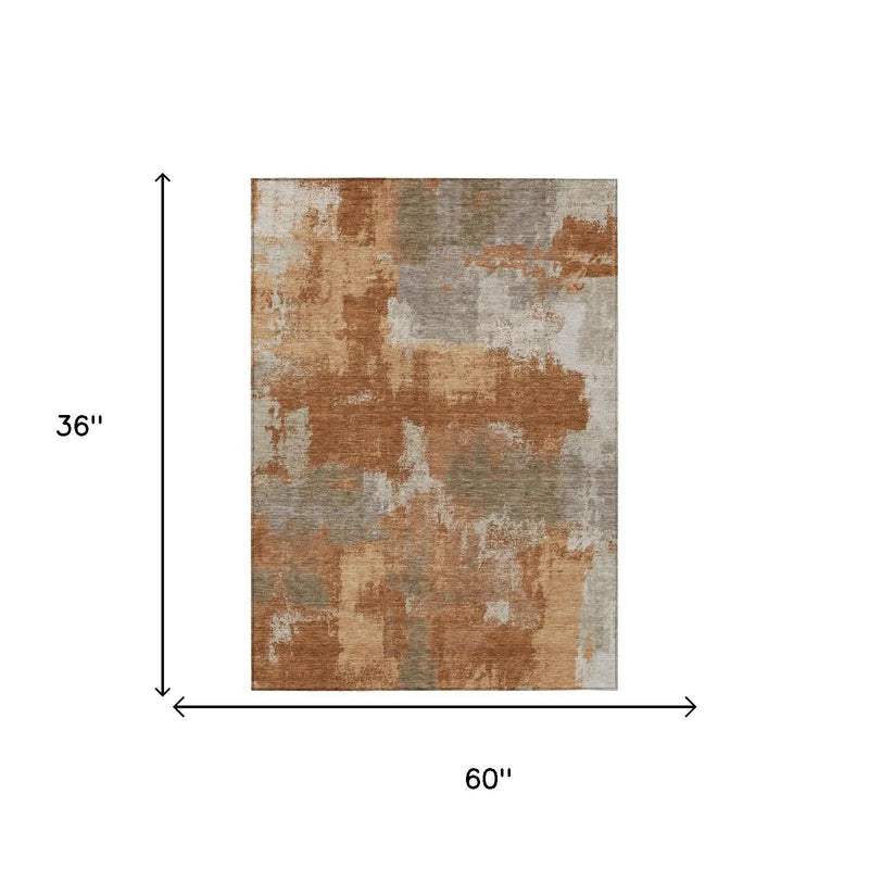 3' X 5' Orange And Brown Abstract Washable Indoor Outdoor Area Rug Homeroots Outdoor