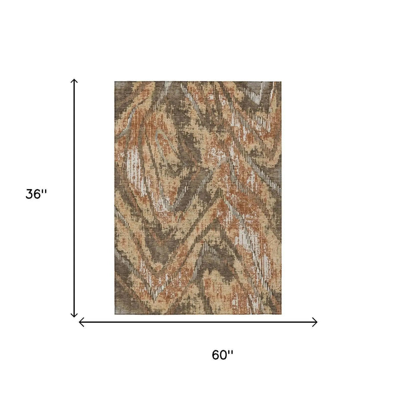 3' X 5' Orange And Brown Abstract Washable Indoor Outdoor Area Rug Homeroots Outdoor