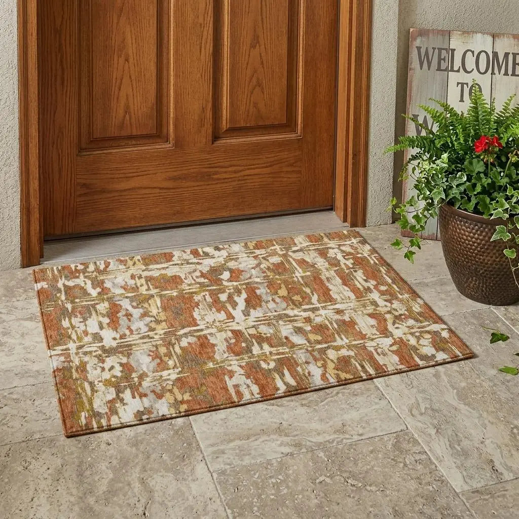 3' X 5' Orange And Brown Abstract Washable Indoor Outdoor Area Rug Homeroots Outdoor