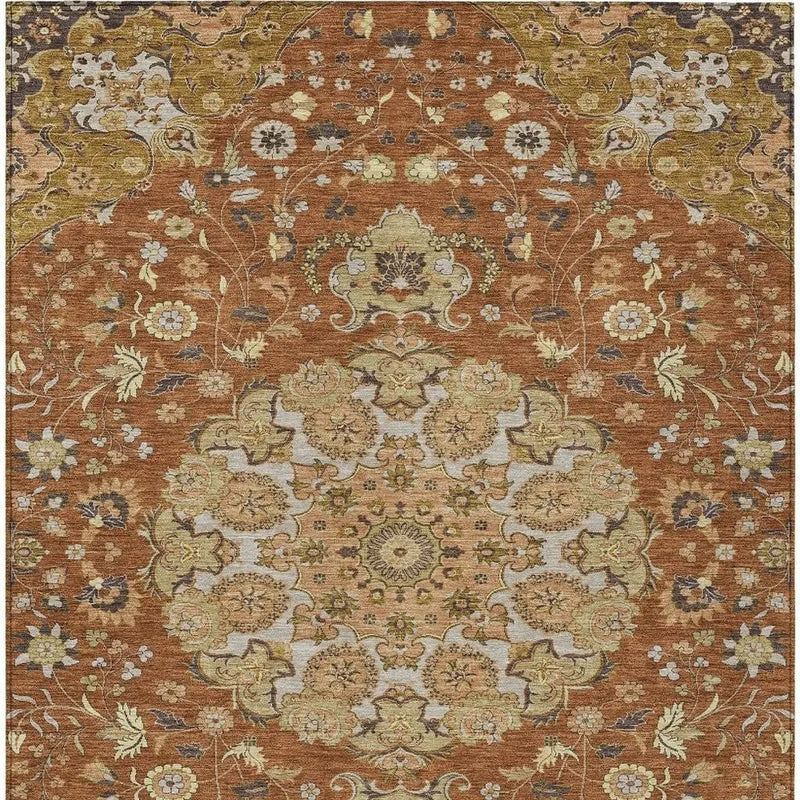 3' X 5' Orange And Brown Damask Washable Indoor Outdoor Area Rug Homeroots Outdoor