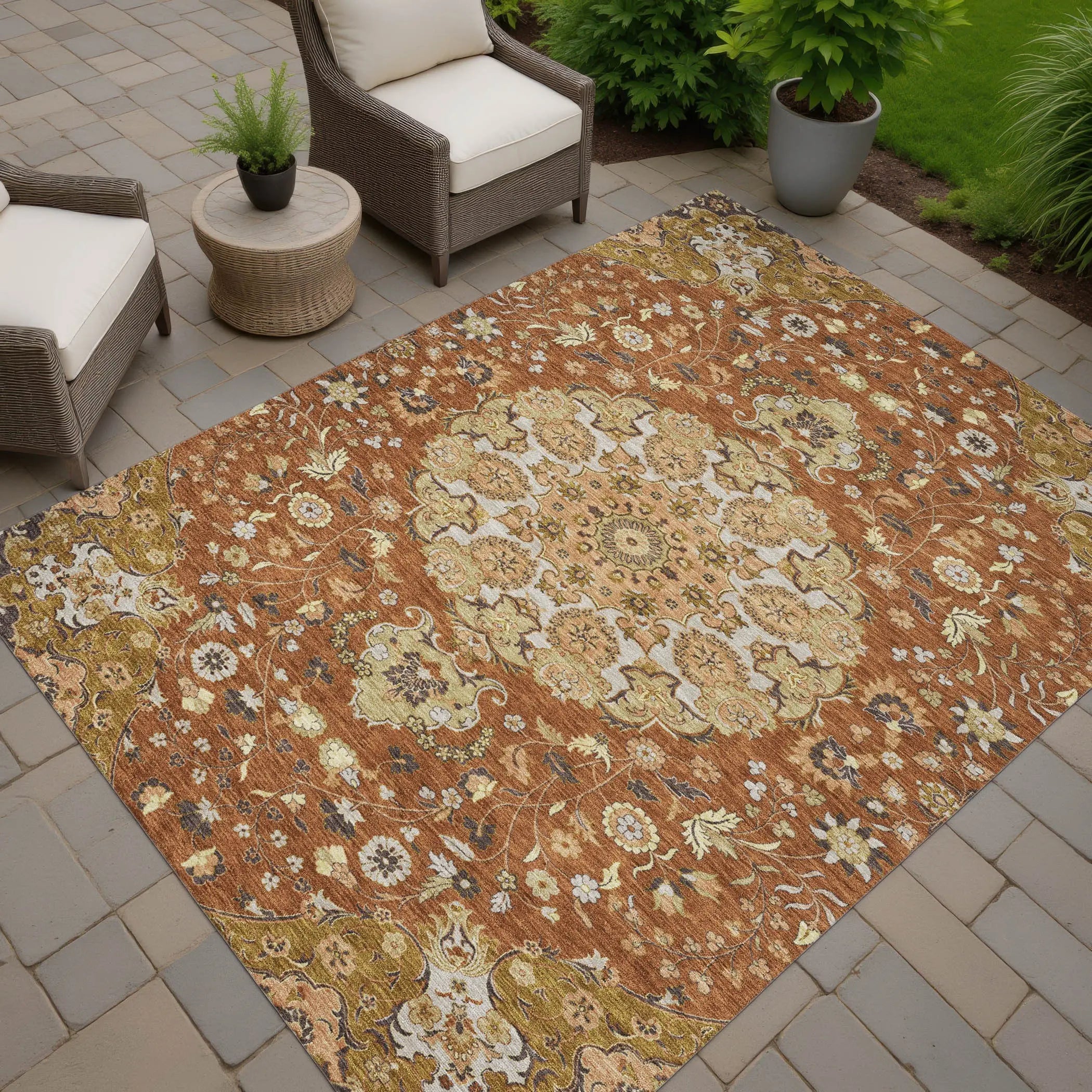 3' X 5' Orange And Brown Damask Washable Indoor Outdoor Area Rug Homeroots Outdoor