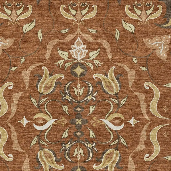 3' X 5' Orange And Brown Damask Washable Indoor Outdoor Area Rug Homeroots Outdoor