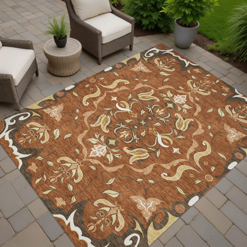 3' X 5' Orange And Brown Damask Washable Indoor Outdoor Area Rug Homeroots Outdoor
