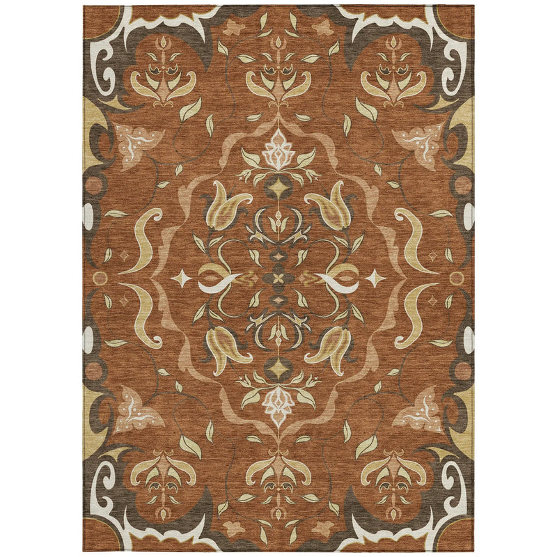 3' X 5' Orange And Brown Damask Washable Indoor Outdoor Area Rug Homeroots Outdoor