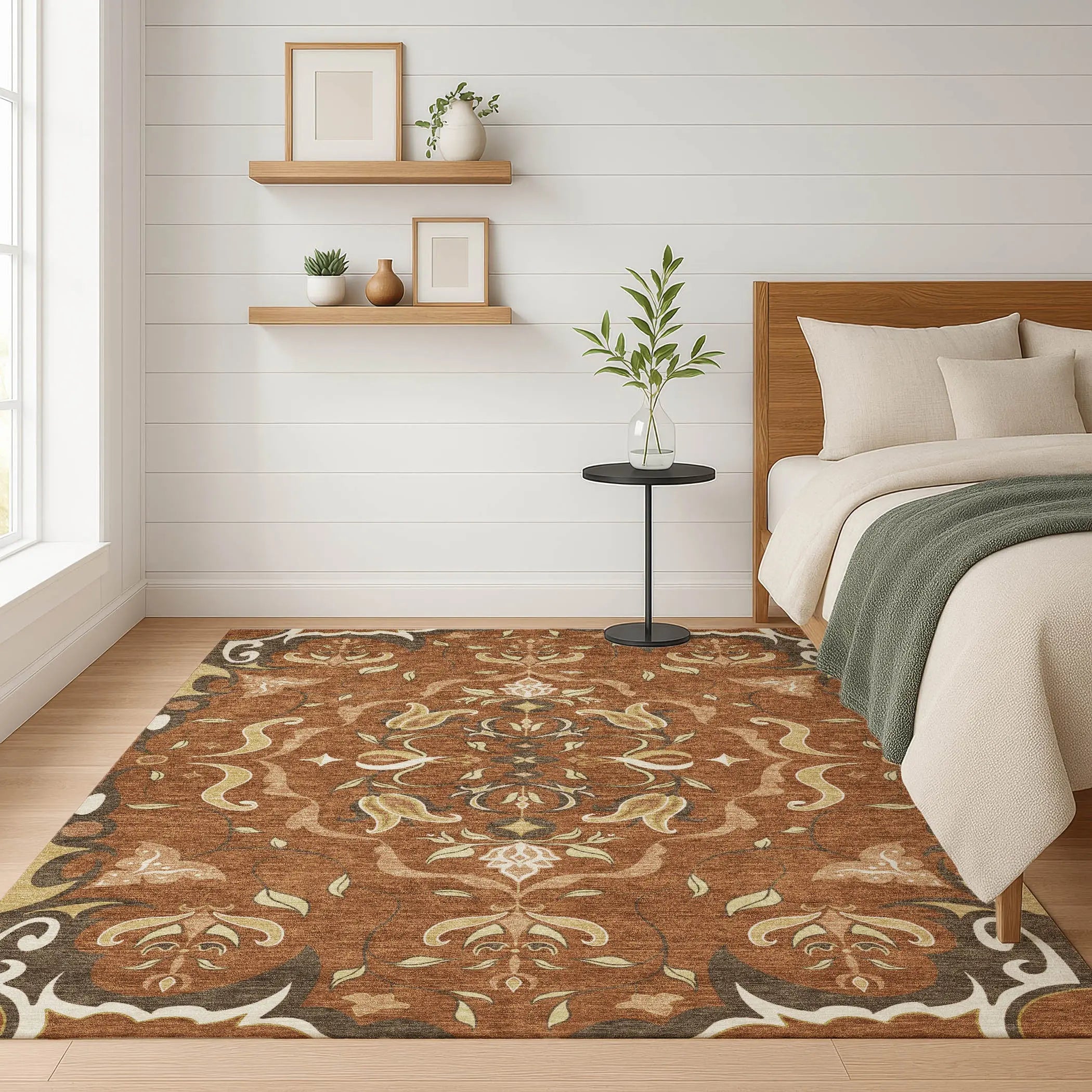 3' X 5' Orange And Brown Damask Washable Indoor Outdoor Area Rug Homeroots Outdoor