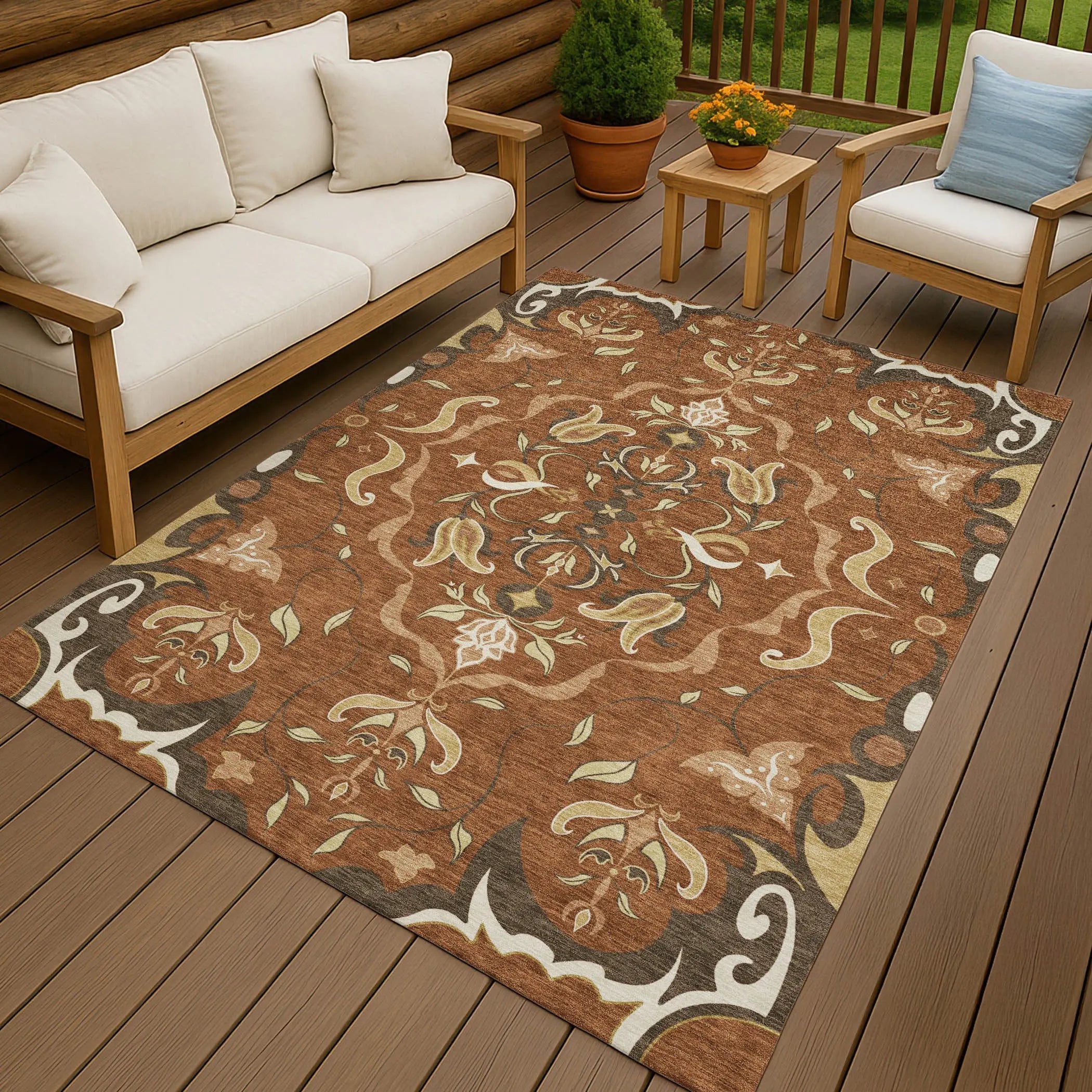 3' X 5' Orange And Brown Damask Washable Indoor Outdoor Area Rug Homeroots Outdoor