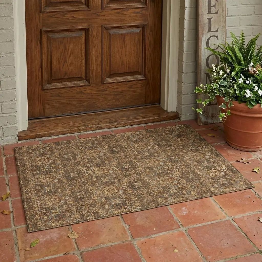 3' X 5' Orange And Brown Damask Washable Indoor Outdoor Area Rug Homeroots Outdoor