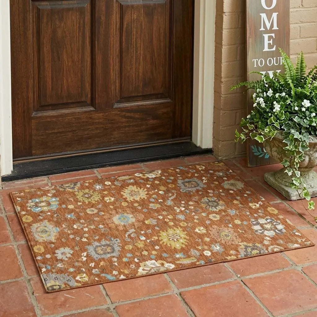 3' X 5' Orange And Brown Floral Washable Indoor Outdoor Area Rug Homeroots Outdoor