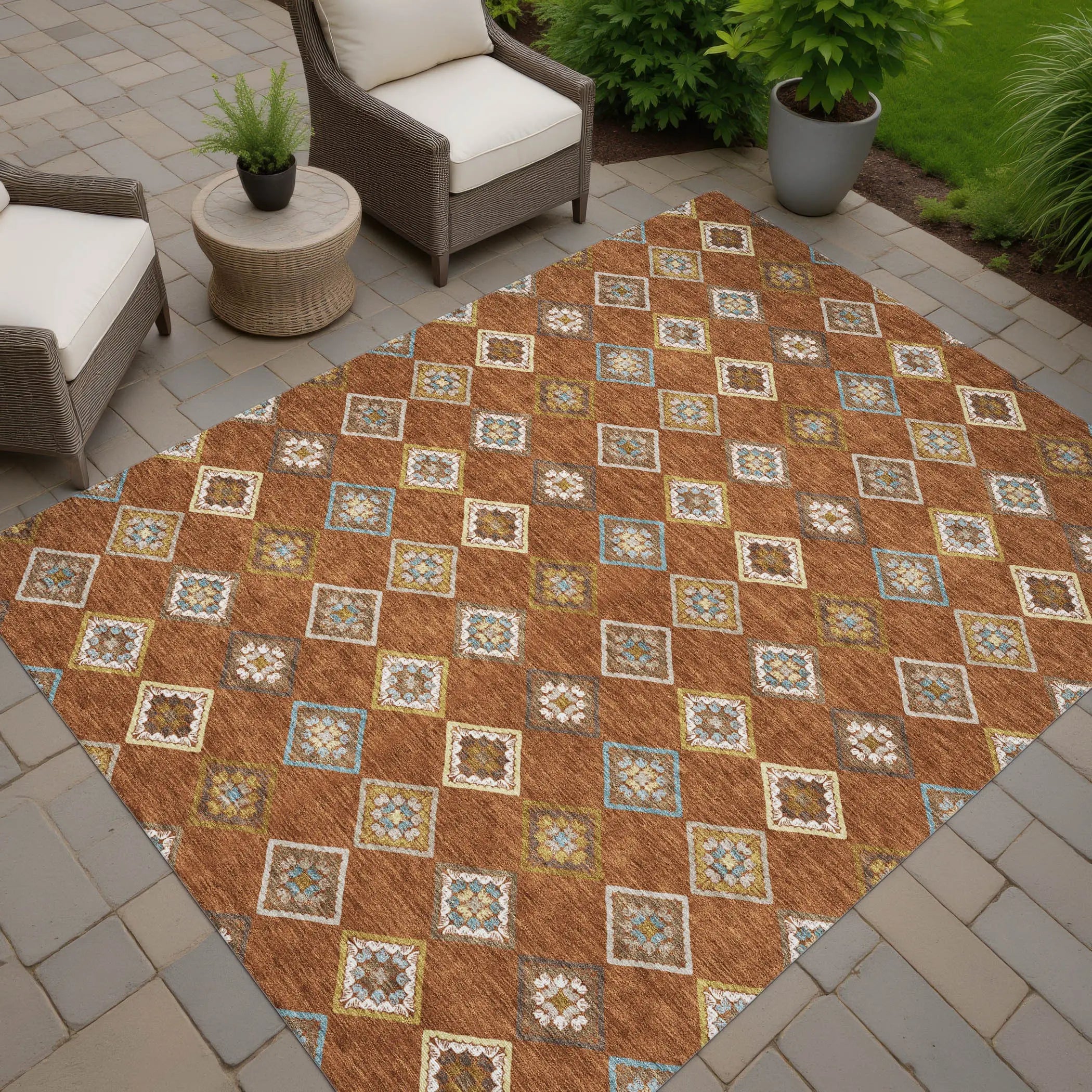 3' X 5' Orange And Brown Geometric Washable Indoor Outdoor Area Rug Homeroots Outdoor