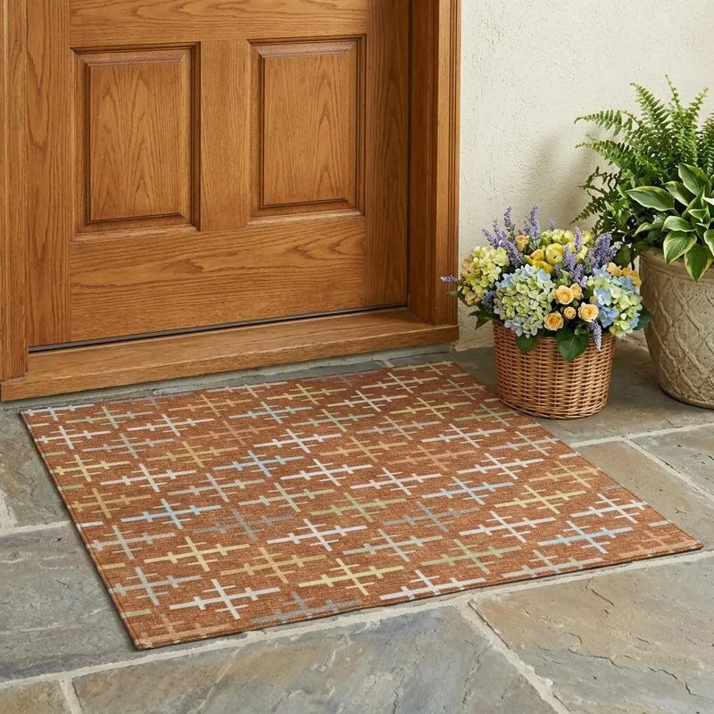 3' X 5' Orange And Brown Geometric Washable Indoor Outdoor Area Rug Homeroots Outdoor