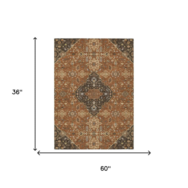 3' X 5' Orange And Brown Medallion Washable Indoor Outdoor Area Rug Homeroots Outdoor