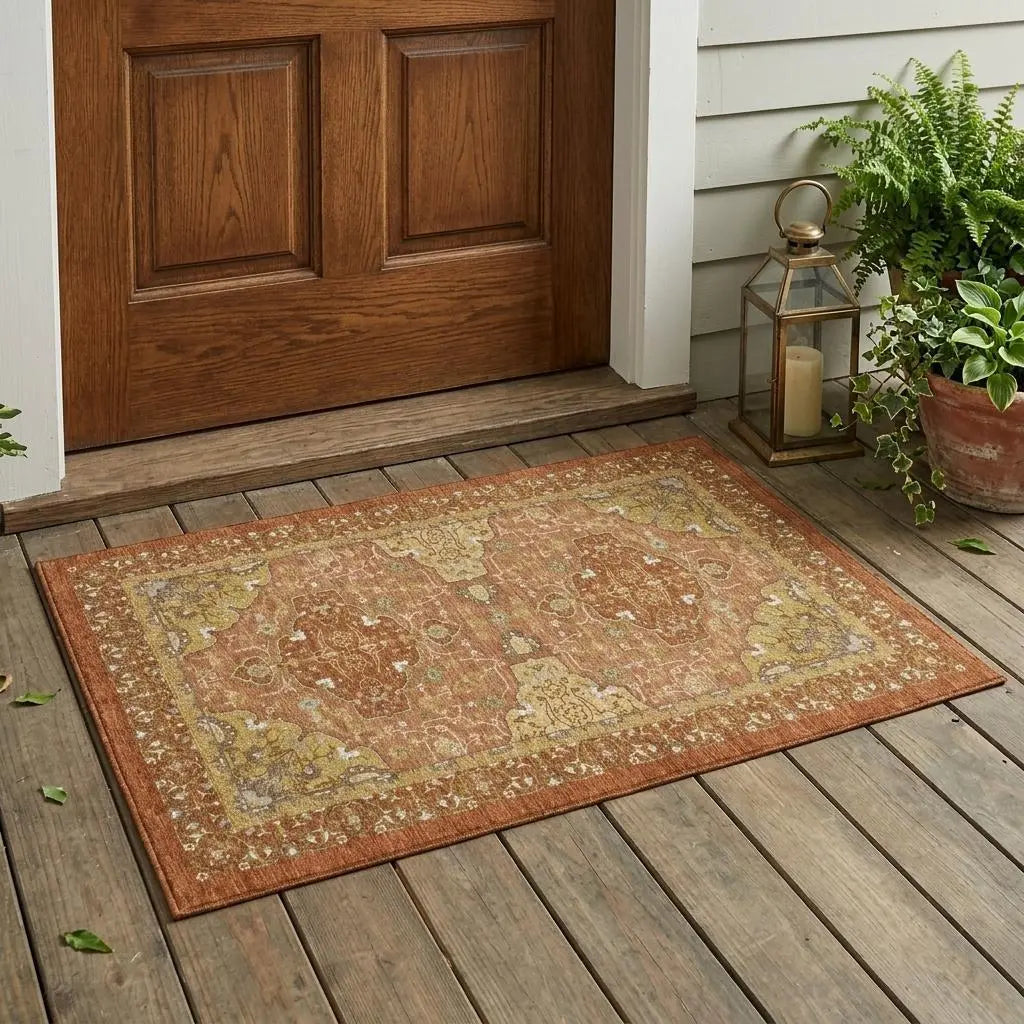 3' X 5' Orange And Brown Oriental Washable Indoor Outdoor Area Rug Homeroots Outdoor