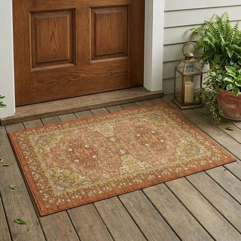 3' X 5' Orange And Brown Oriental Washable Indoor Outdoor Area Rug Homeroots Outdoor