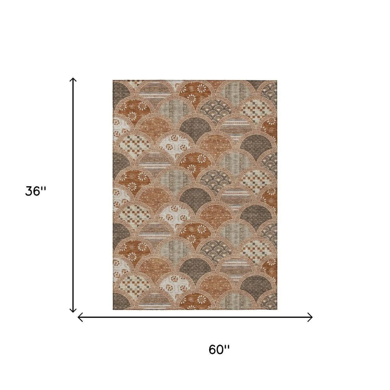 3' X 5' Orange And Chocolate Geometric Washable Indoor Outdoor Area Rug Homeroots Outdoor