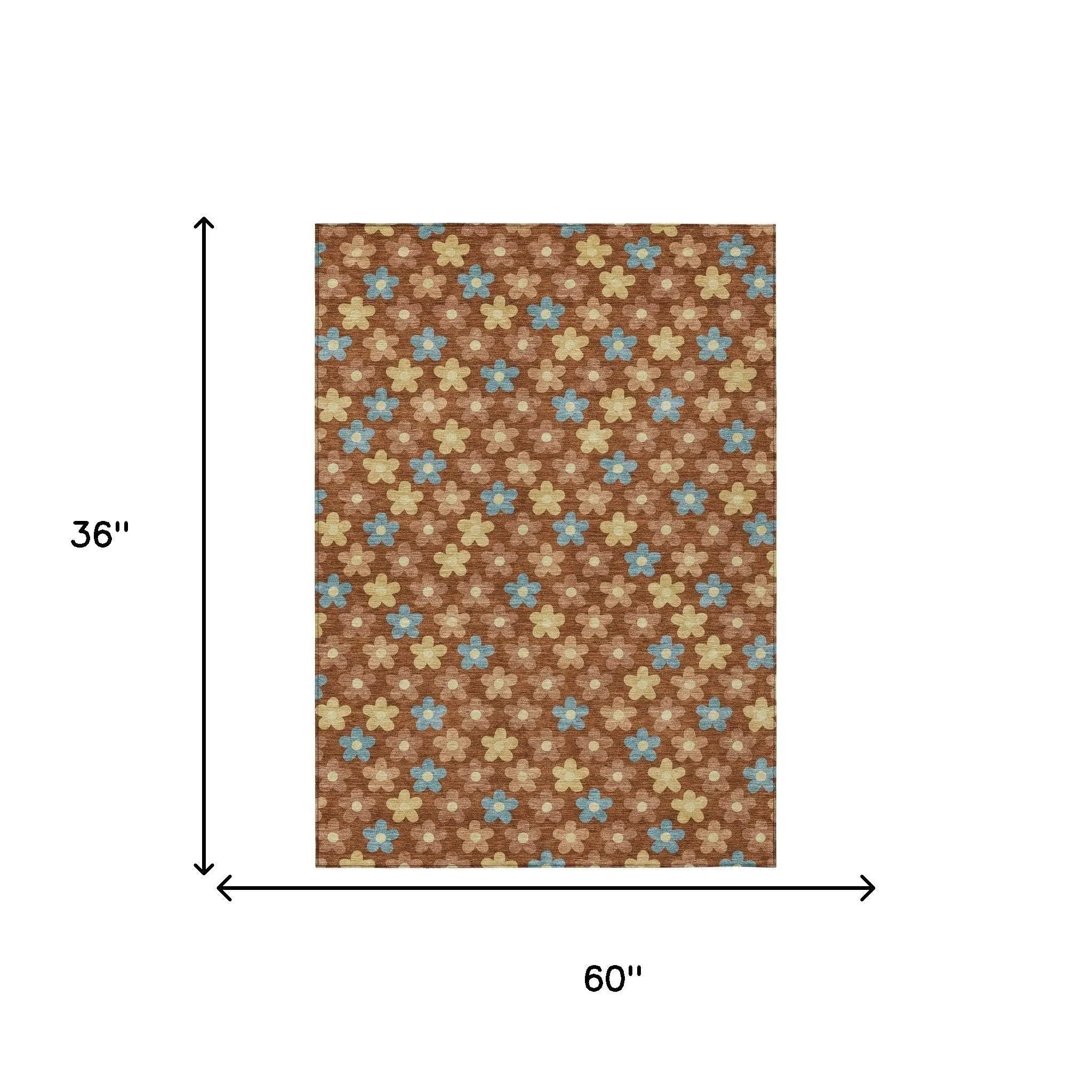 3' X 5' Orange And Copper Floral Washable Indoor Outdoor Area Rug Homeroots Outdoor