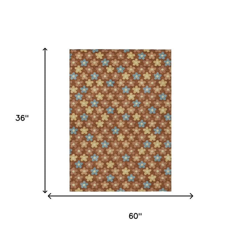 3' X 5' Orange And Copper Floral Washable Indoor Outdoor Area Rug Homeroots Outdoor