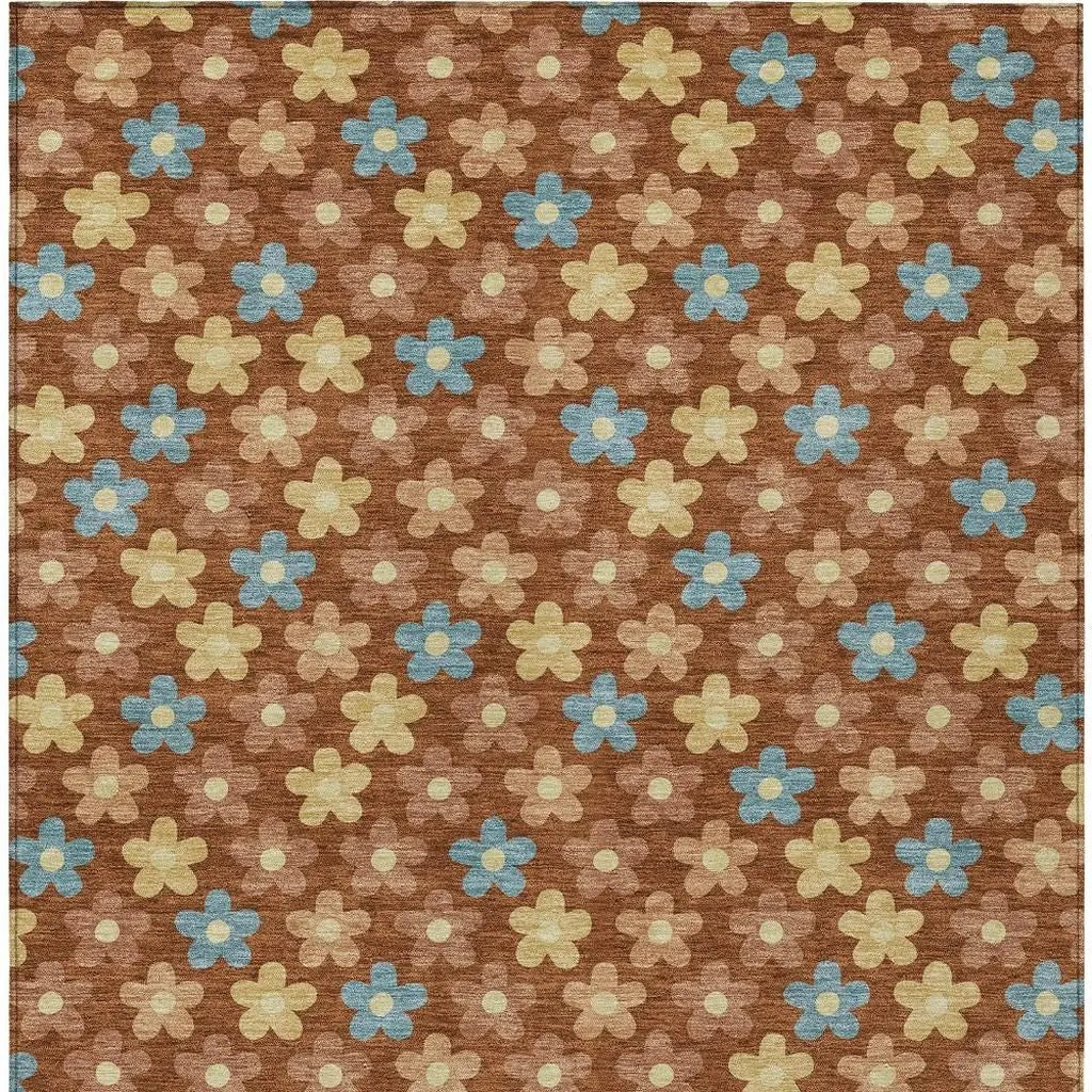 3' X 5' Orange And Copper Floral Washable Indoor Outdoor Area Rug Homeroots Outdoor