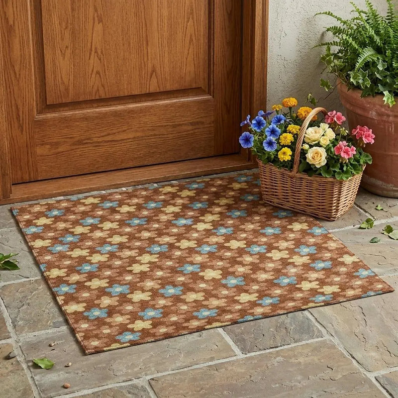 3' X 5' Orange And Copper Floral Washable Indoor Outdoor Area Rug Homeroots Outdoor