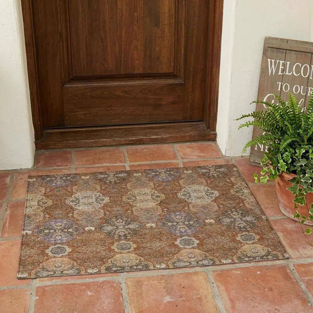 3' X 5' Orange And Copper Floral Washable Indoor Outdoor Area Rug Homeroots Outdoor
