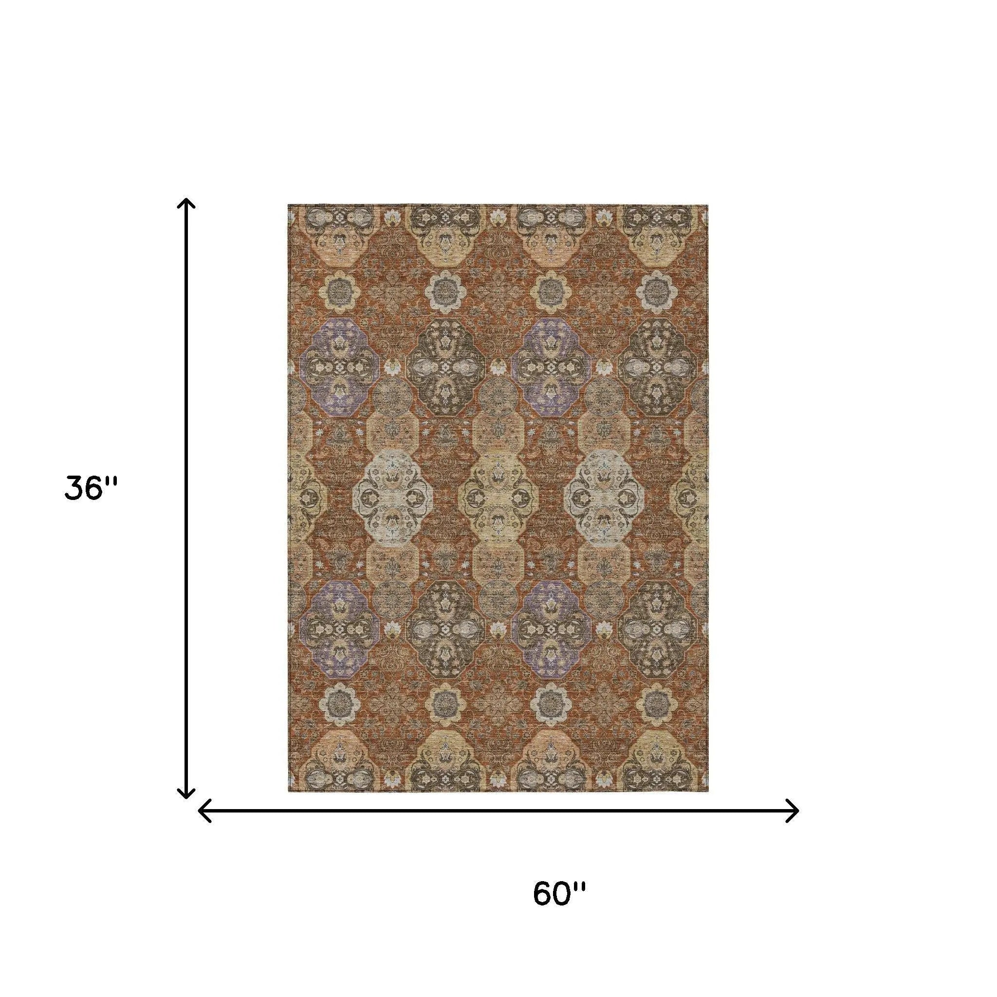 3' X 5' Orange And Copper Floral Washable Indoor Outdoor Area Rug Homeroots Outdoor