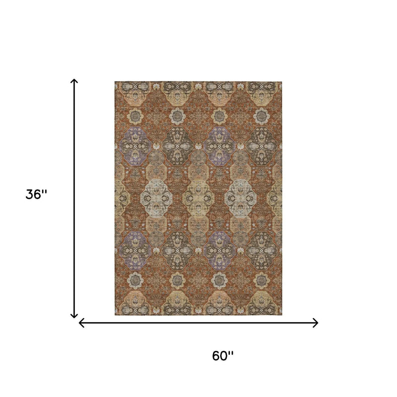 3' X 5' Orange And Copper Floral Washable Indoor Outdoor Area Rug Homeroots Outdoor
