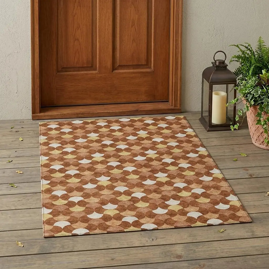 3' X 5' Orange And Copper Geometric Washable Indoor Outdoor Area Rug Homeroots Outdoor