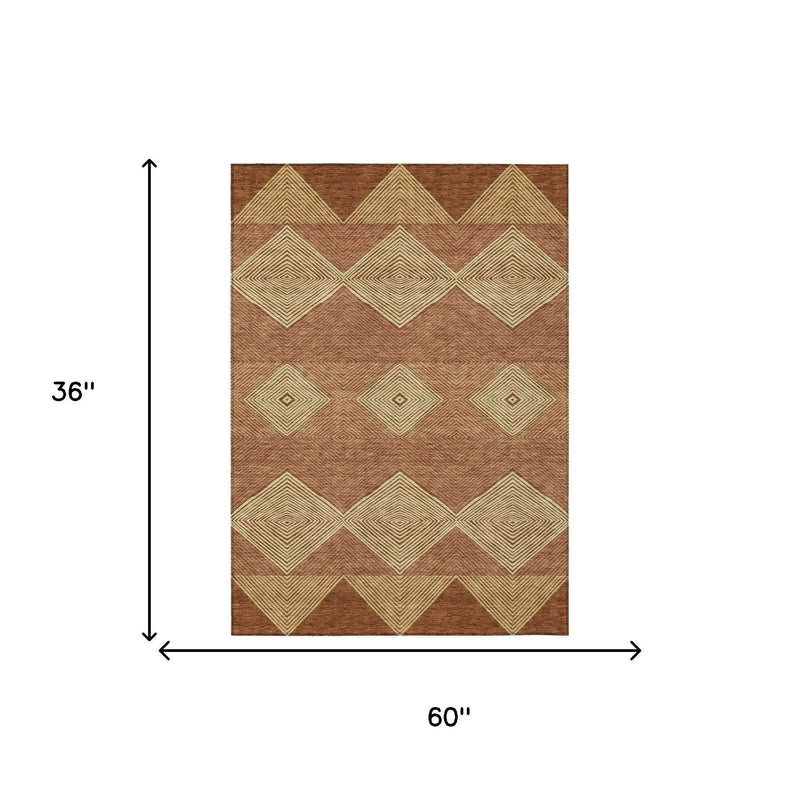 3' X 5' Orange And Copper Geometric Washable Indoor Outdoor Area Rug Homeroots Outdoor