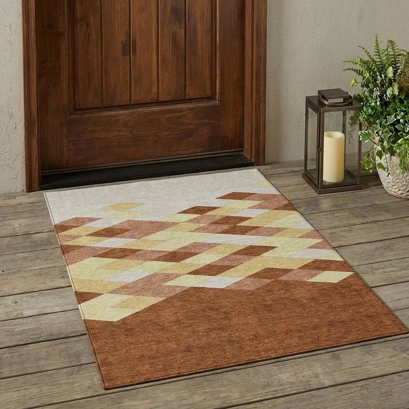 3' X 5' Orange And Copper Geometric Washable Indoor Outdoor Area Rug Homeroots Outdoor