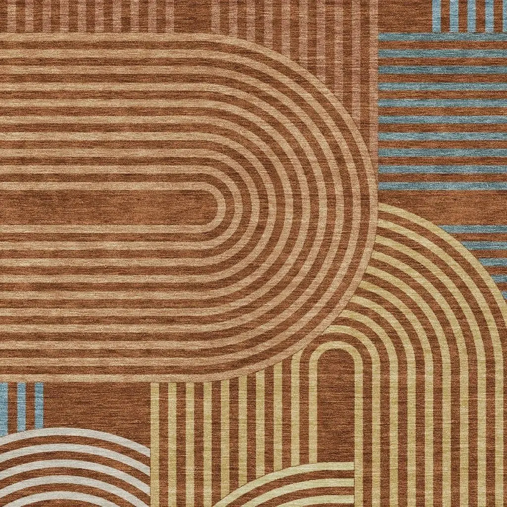 3' X 5' Orange And Copper Geometric Washable Indoor Outdoor Area Rug Homeroots Outdoor