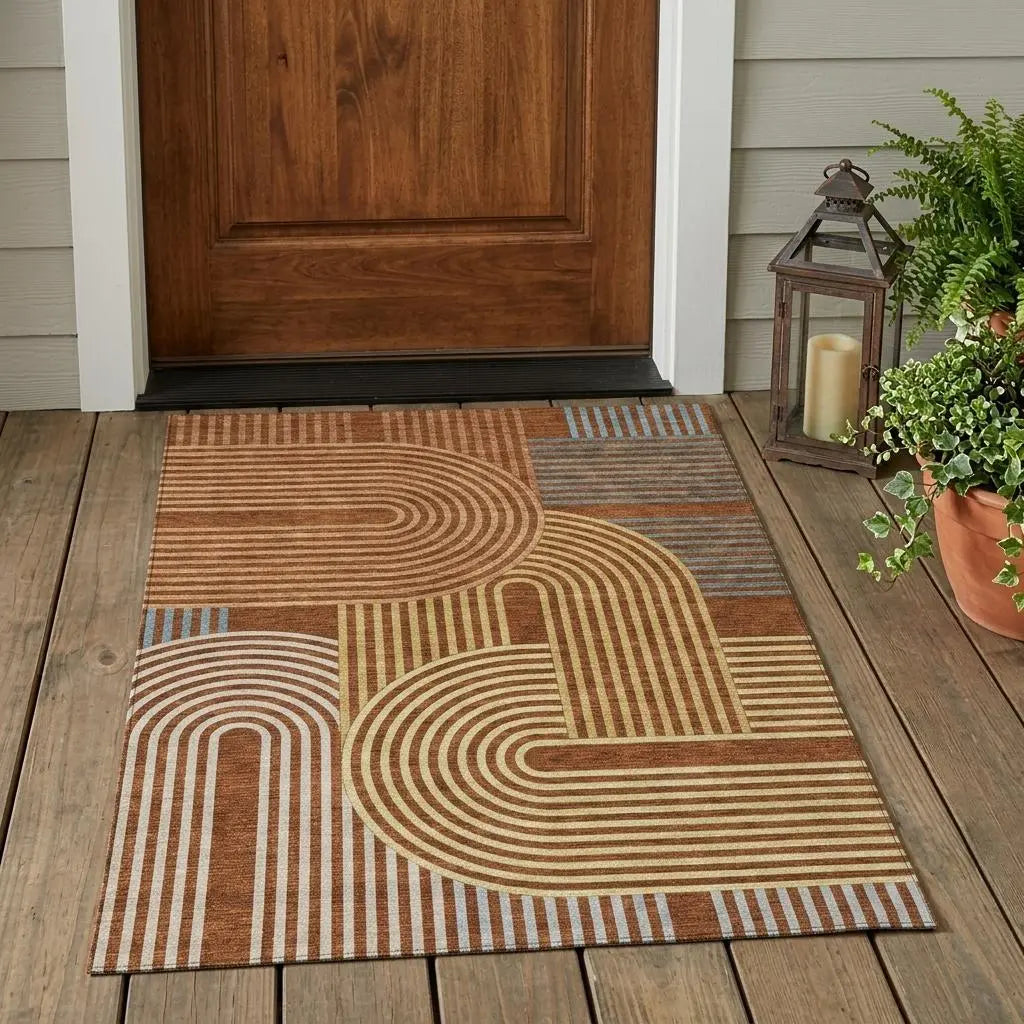 3' X 5' Orange And Copper Geometric Washable Indoor Outdoor Area Rug Homeroots Outdoor