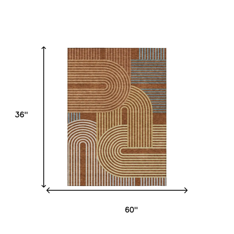 3' X 5' Orange And Copper Geometric Washable Indoor Outdoor Area Rug Homeroots Outdoor
