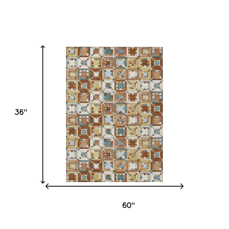 3' X 5' Orange And Copper Patchwork Washable Indoor Outdoor Area Rug Homeroots Outdoor