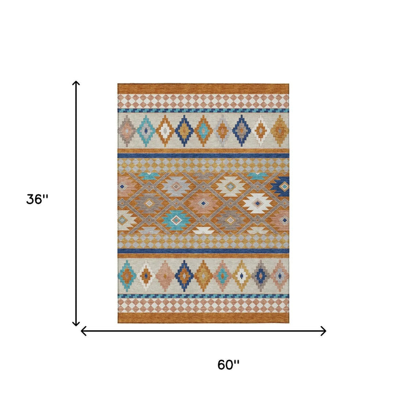3' X 5' Orange And Copper Southwestern Washable Indoor Outdoor Area Rug Homeroots Outdoor