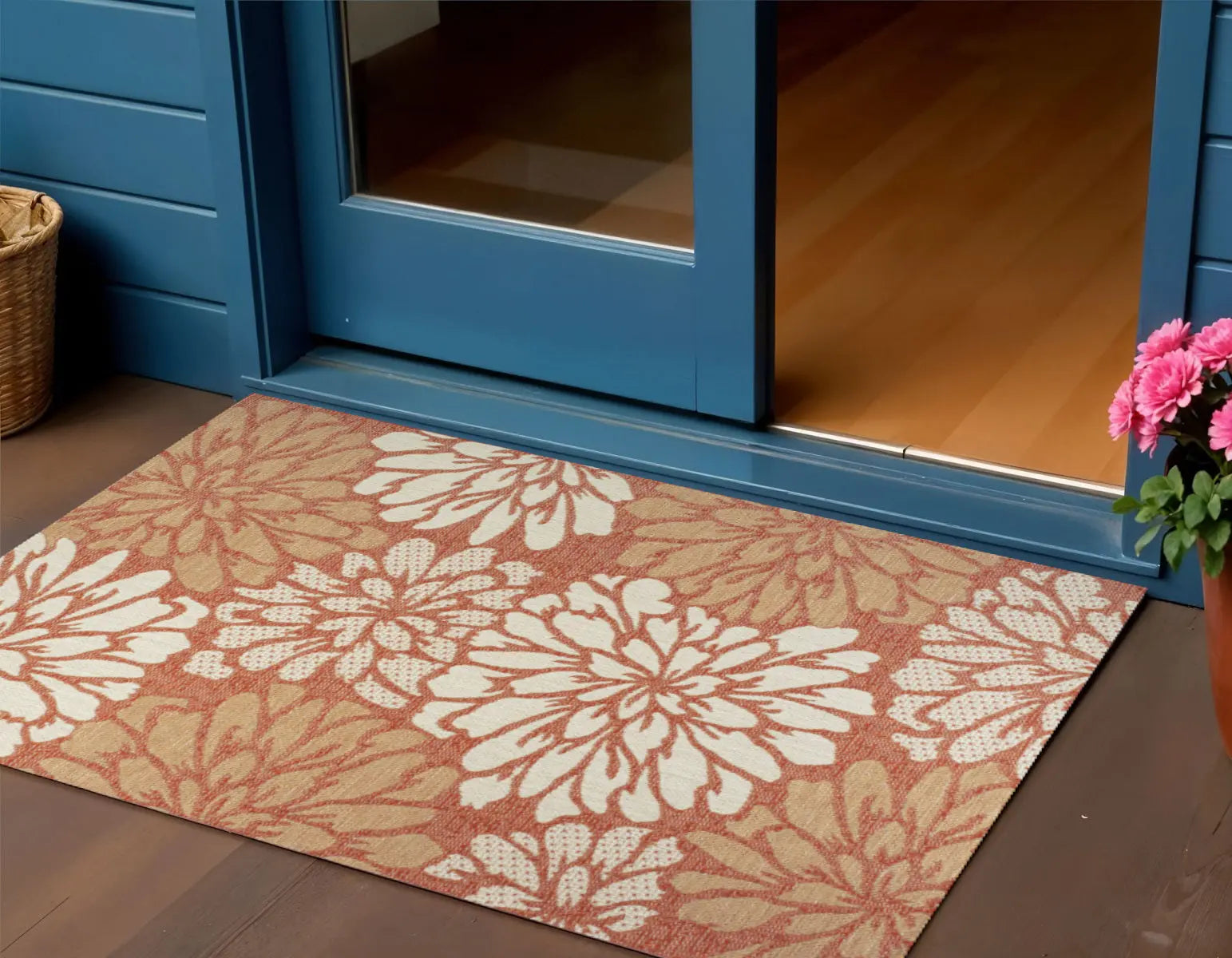 3' X 5' Orange And Cream Floral Indoor Outdoor Area Rug Homeroots Outdoor