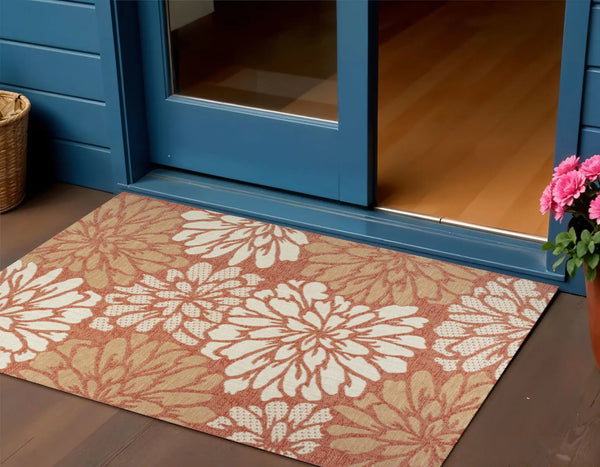 3' X 5' Orange And Cream Floral Indoor Outdoor Area Rug Homeroots Outdoor