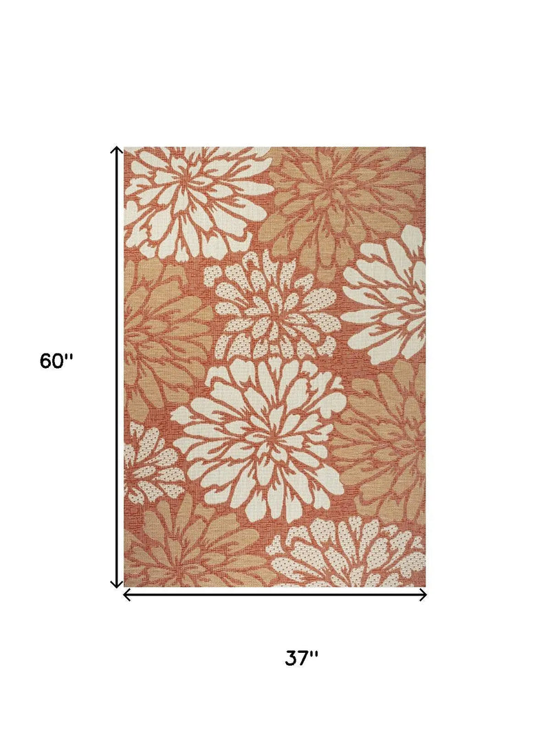 3' X 5' Orange And Cream Floral Indoor Outdoor Area Rug Homeroots Outdoor