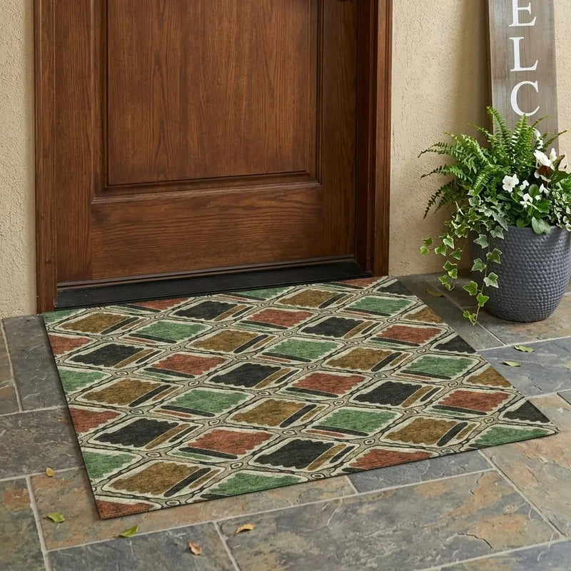 3' X 5' Orange And Emerald Geometric Washable Indoor Outdoor Area Rug Homeroots Outdoor
