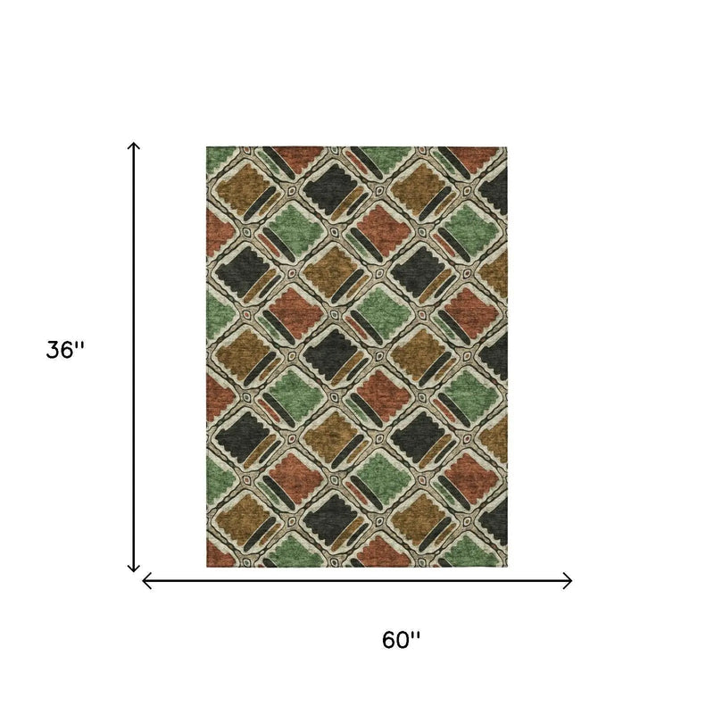 3' X 5' Orange And Emerald Geometric Washable Indoor Outdoor Area Rug Homeroots Outdoor