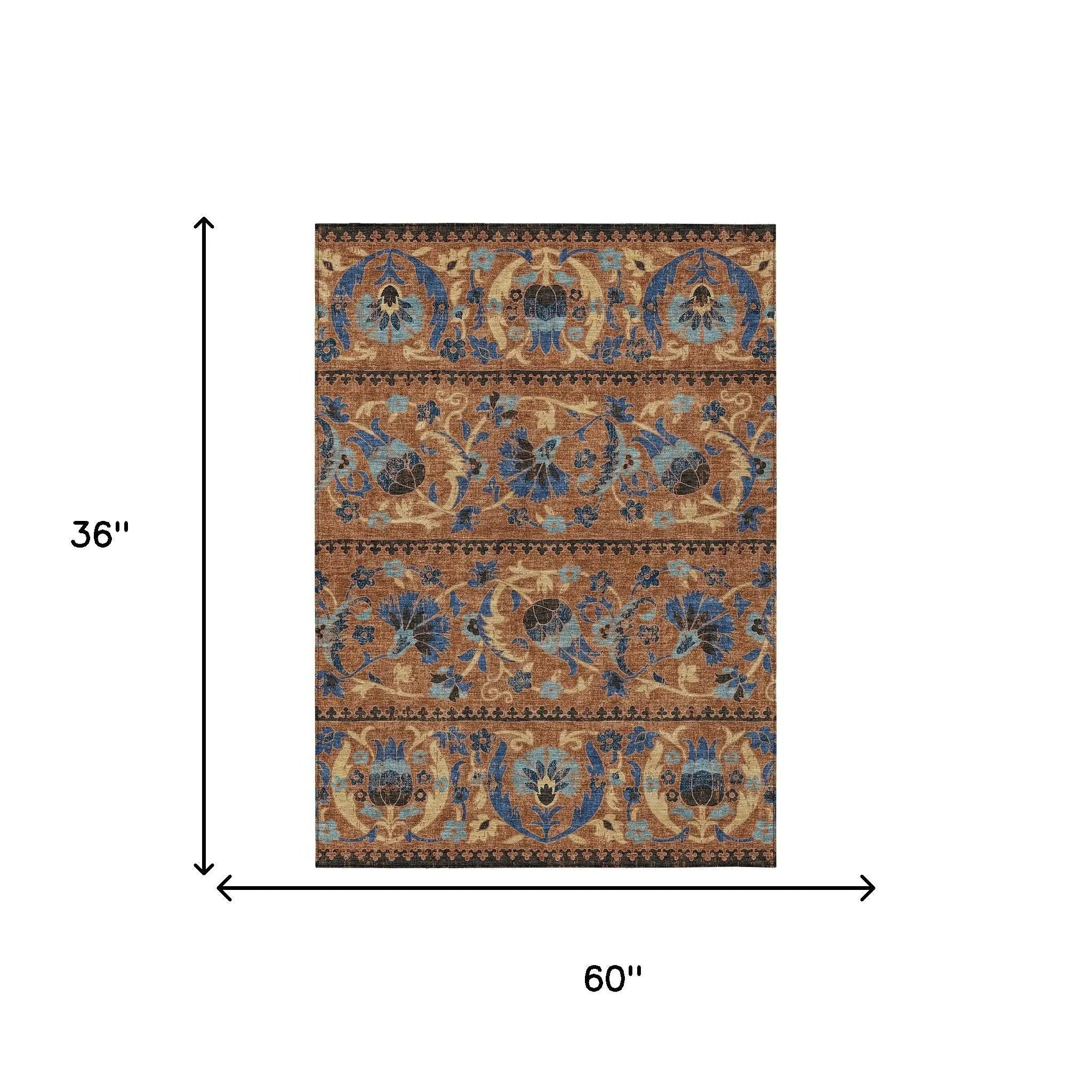 3' X 5' Orange And Gold Floral Washable Indoor Outdoor Area Rug Homeroots Outdoor