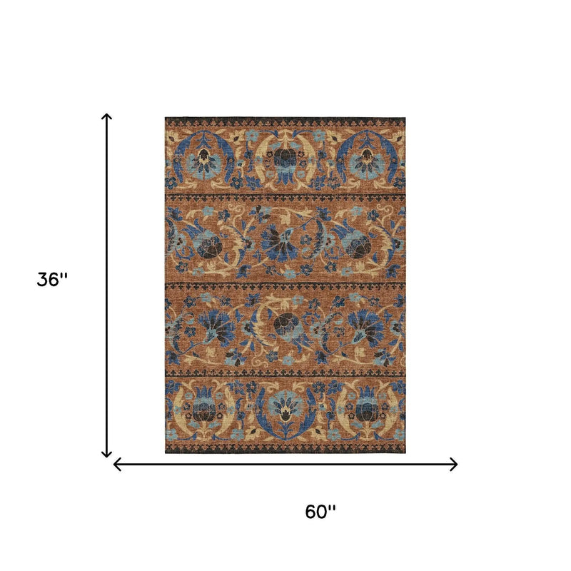 3' X 5' Orange And Gold Floral Washable Indoor Outdoor Area Rug Homeroots Outdoor
