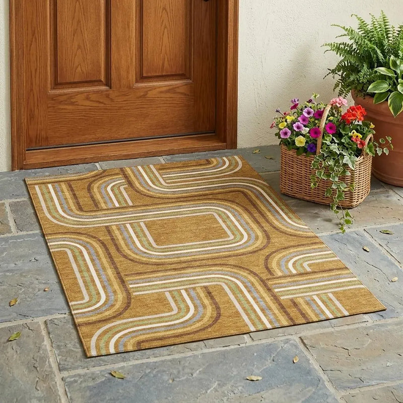 3' X 5' Orange And Gold Geometric Washable Indoor Outdoor Area Rug Homeroots Outdoor