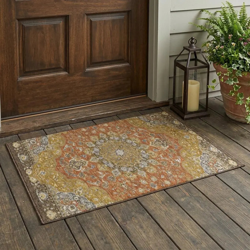 3' X 5' Orange And Gold Oriental Washable Indoor Outdoor Area Rug Homeroots Outdoor