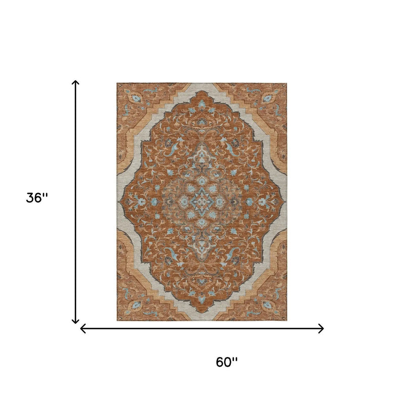 3' X 5' Orange And Graphite Medallion Washable Indoor Outdoor Area Rug Homeroots Outdoor